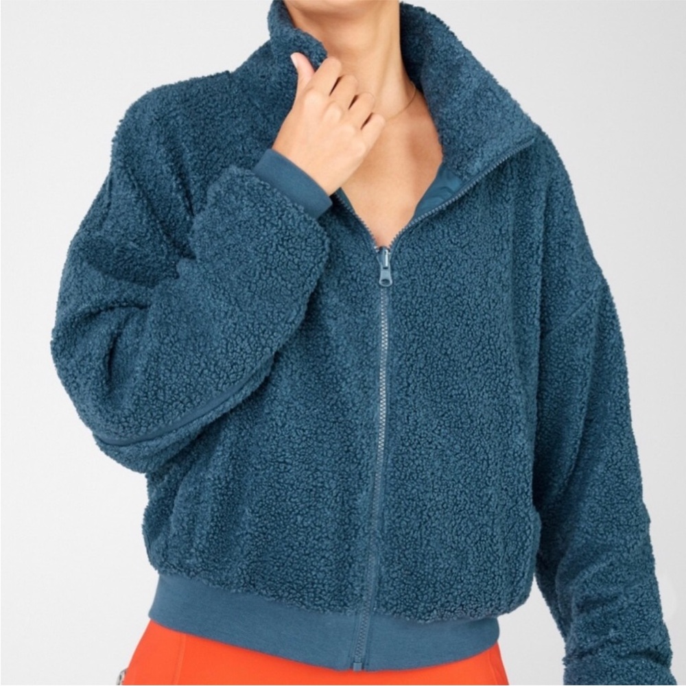 FABLETICS Celestial Blue Teal Spencer Reversible Teddy Bomber Jacket Size Medium